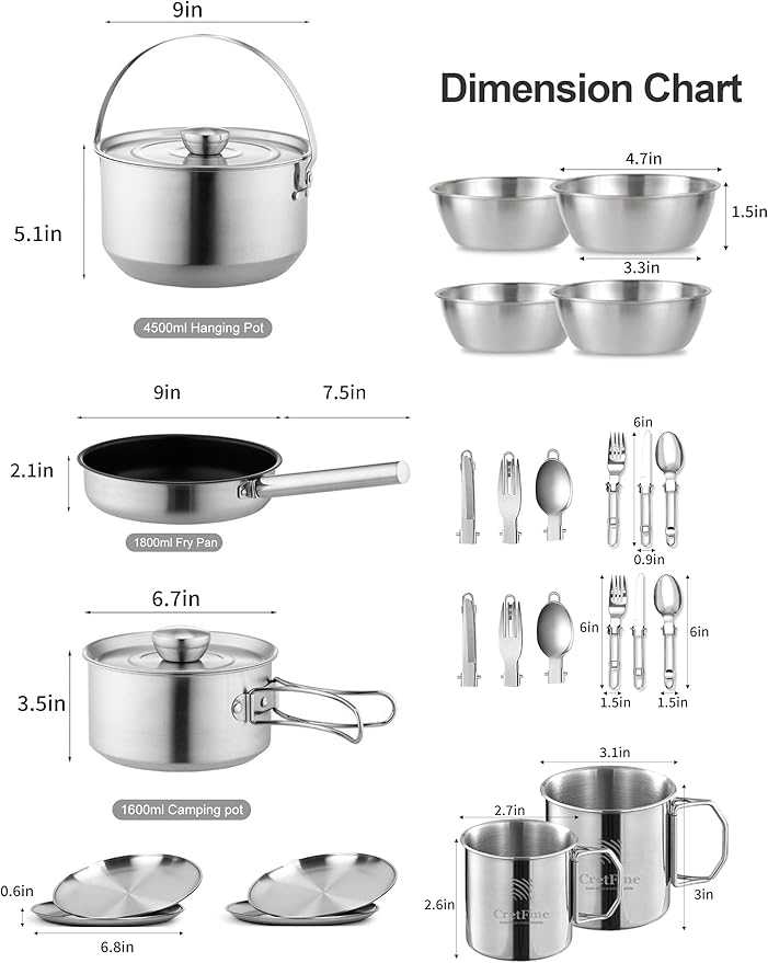 CampPro Camp Cooking Set for 4-8, Stainless Steel Camping Cookware Set, Camping Equipment with