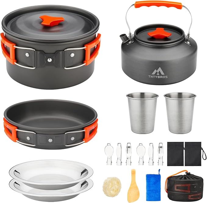 17pcs Camping Cookware Kit, 0.45Gal Pot, 7inches Pan,0.30Gal Kettle Set with 2 Set Stainless Steel
