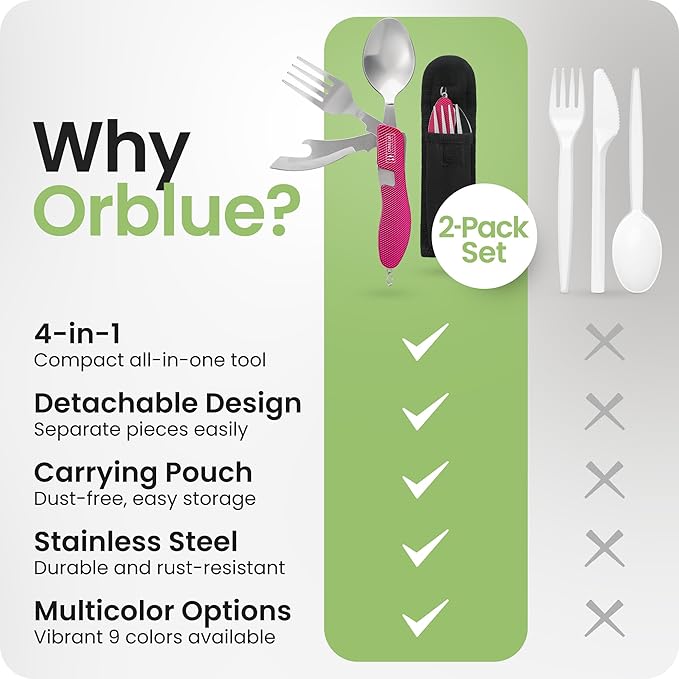 Orblue 4-in-1 Camping Eating Utensils, 2-Pack - Portable Spoon, Fork, Knife & Bottle Opener Combo