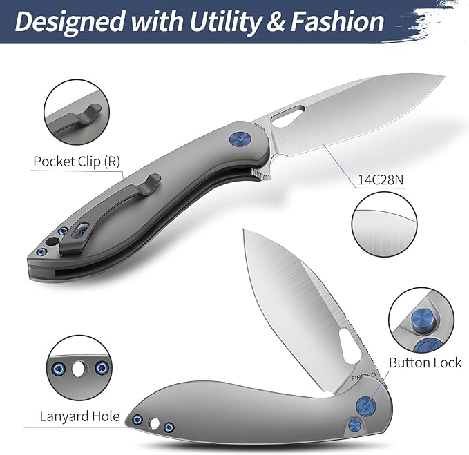 FINTISO Pocket Knife, 3.1" Premium 14C28N Blade Folding Knife with Button Lock, EDC Knife with