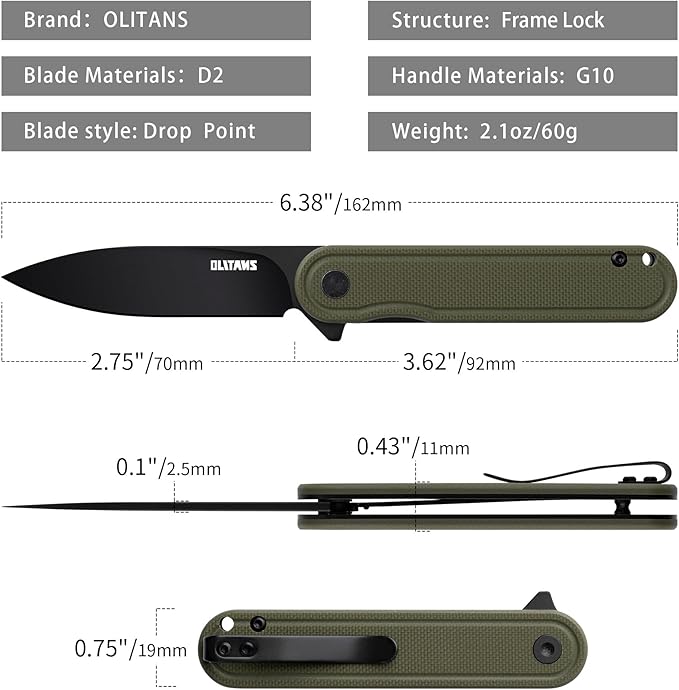 G040 Pocket Knife, 2.75'' D2 Steel Blade G10 handle, Small EDC Knife with Pocket Clip for Men
