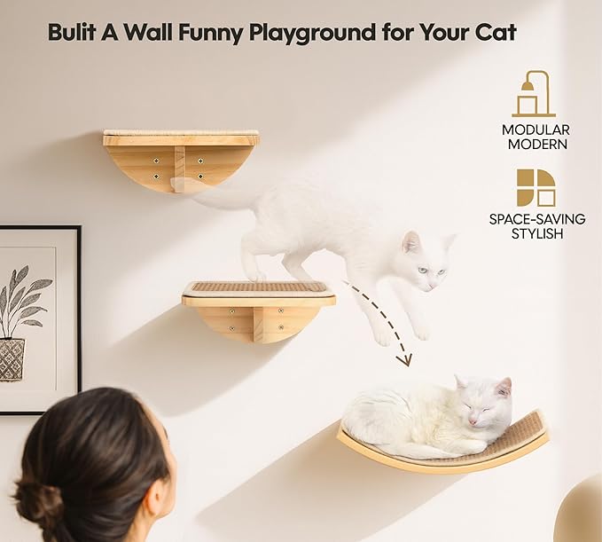 Cat Wall Shelves with Sisal Pads, 4-Piece Wooden Cats Furniture Set with Cat Window Perch, Flat