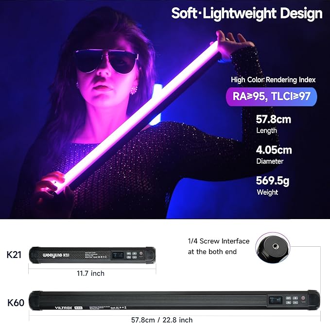VILTROX K60 2 Pack Large Handheld Stick Light, 32Wh Rechargeable Battery 20W 1950lm RGB LED Video