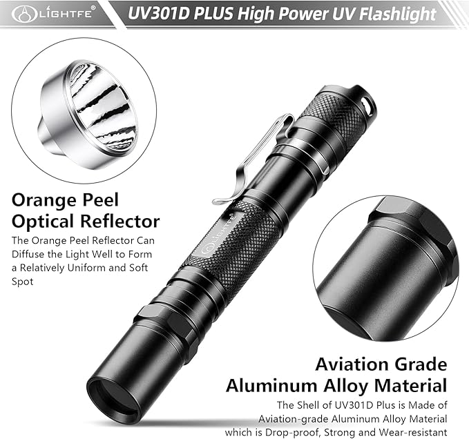 LIGHTFE Black Light 365nm UV Flashlight UV301D-Plus Vision with SSC UV LED, Max. 3000mW Power