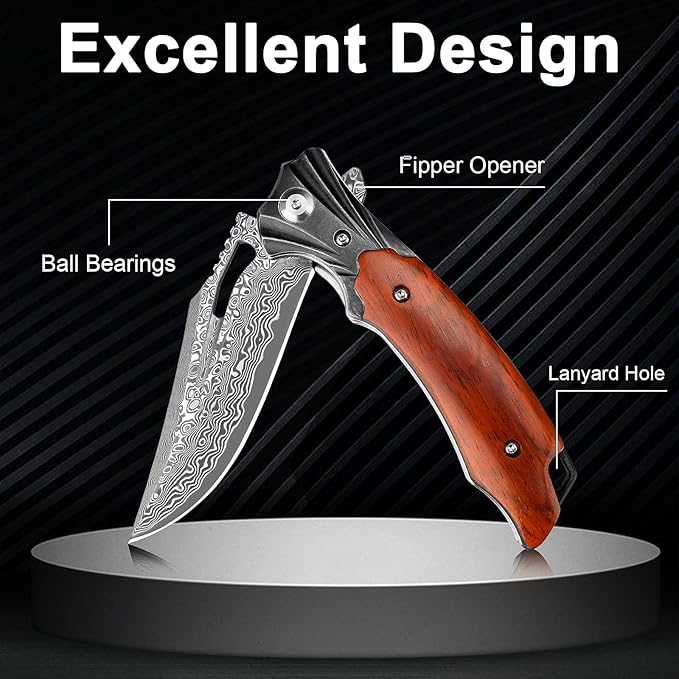 Damascus Pocket Knife for Men Women, Wood Handle Folding Knife with Sheath, 3.15" Damascus Steel