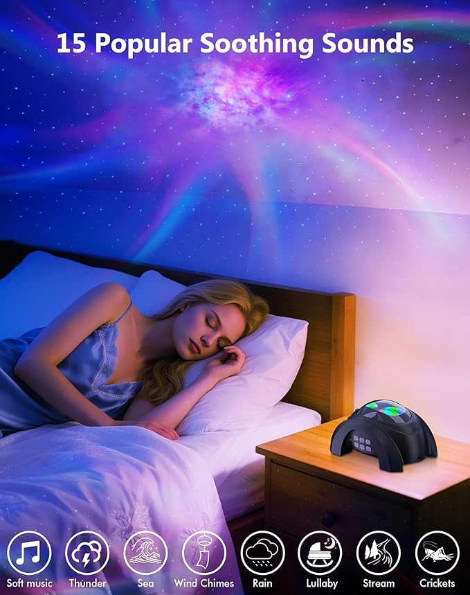 Rossetta Galaxy Projector, 58 Lighting Effects Star Projector Bluetooth Speaker White Noise Night