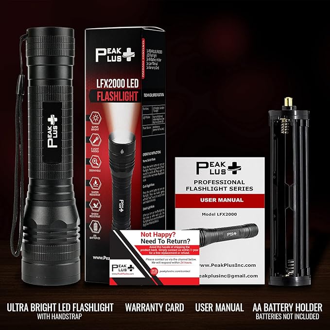 PeakPlus High Powered LED Flashlight LFX2000, Brightest High Lumen Light with 5 Modes, Zoomable and