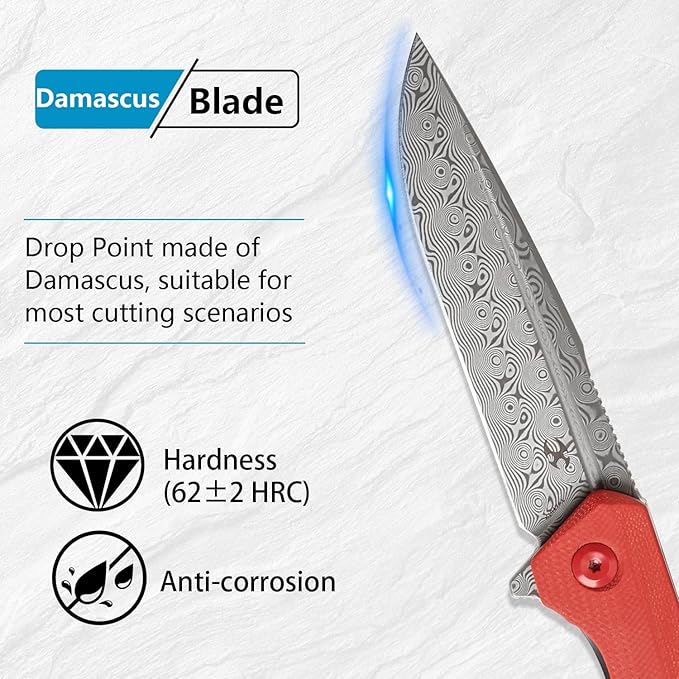 KANSEPT Qilin Pocket Knife,3.24'' Damascus Sharp Blade, Red G10 Handle for Edc, Flipper and Liner