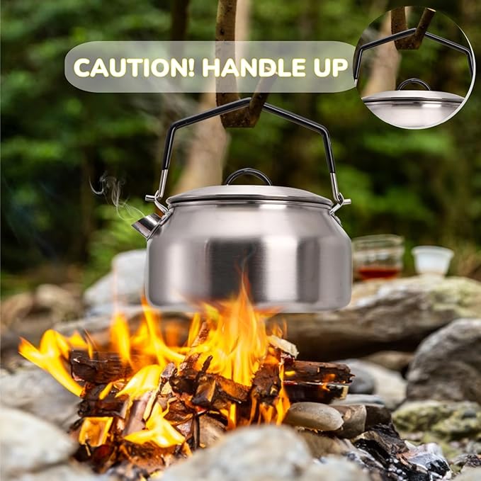 1L Camping Kettle, Portable Outdoor Campfire Kettle, 304 Stainless Steel Camp Tea Coffee Pot