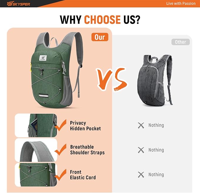 SKYSPER Foldable Hiking Backpack - 10L Small Lightweight Daypack Breathable Travel Backpacks for