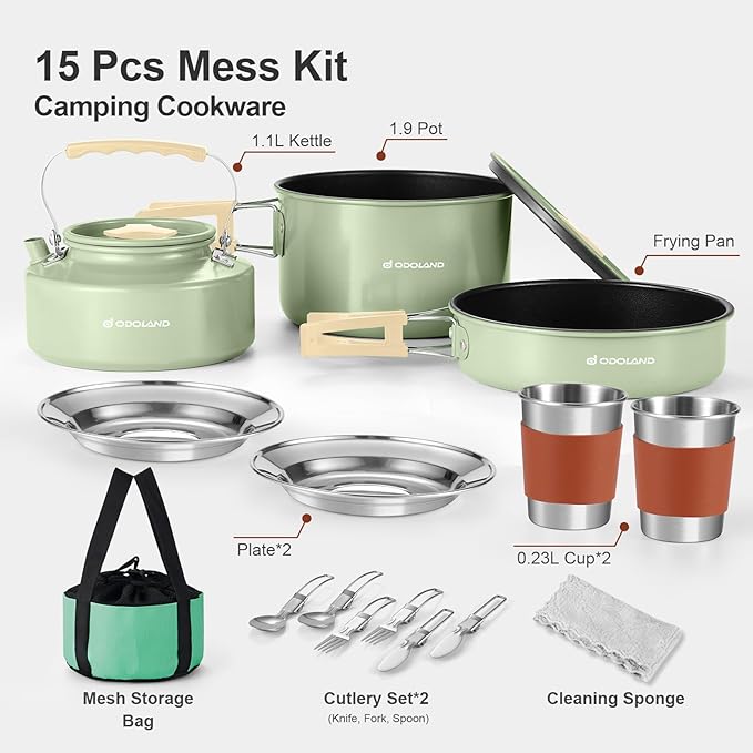 Odoland 15pcs Camping Cookware Mess Kit, Non-Stick Lightweight Pot Pan Kettle Set with Stainless