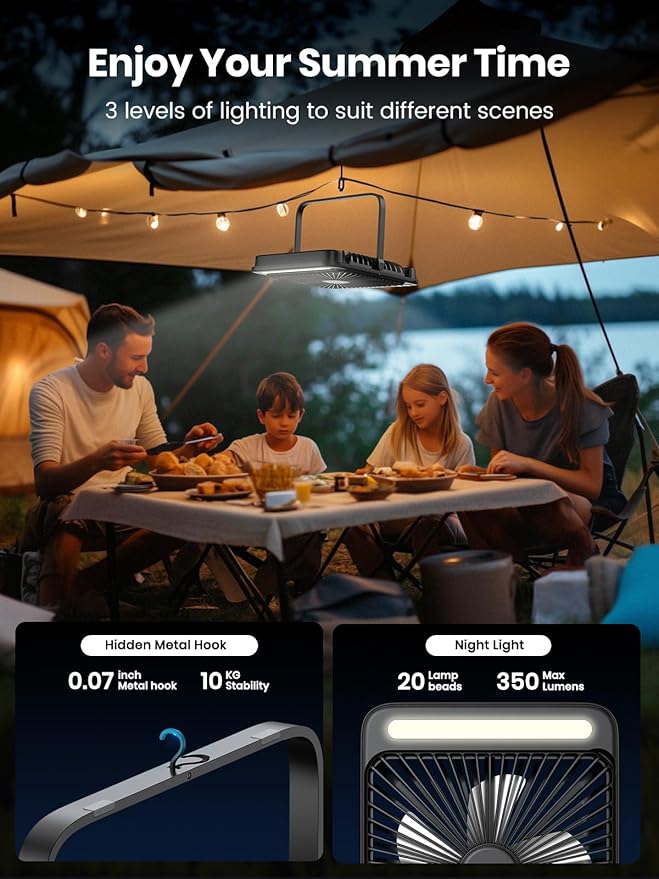 Warmco 20000mAh 8-inch Portable Camping Desk Fan, [15-48H Working Hours] Ultra-thin LED Light