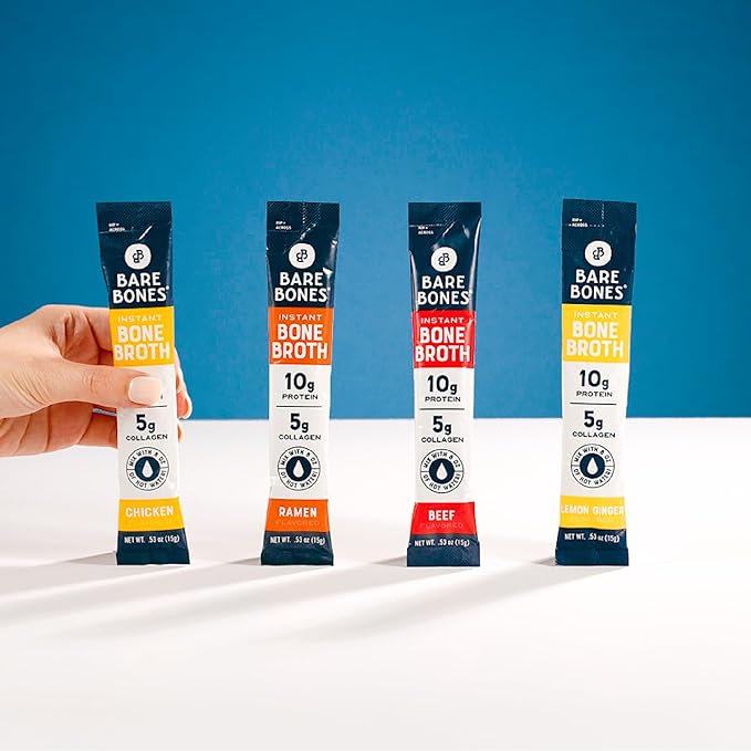 Bare Bones Bone Broth Instant Powdered Mix | 4 Beef 4 Chicken 4 Ramen 4 Lemon Ginger | Non-GMO