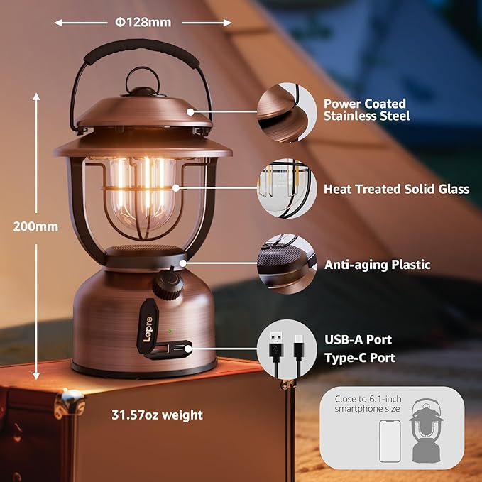 Lepro Retro Classic LED Camping Lantern, High Lumens, Daylight White 2500K and 5000K, Dimmable, USB