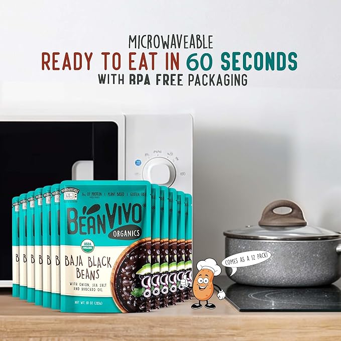 BeanVIVO (Pack of 12) Organics 14g Plant based Protein Baja Black Beans - Good Source of Fiber