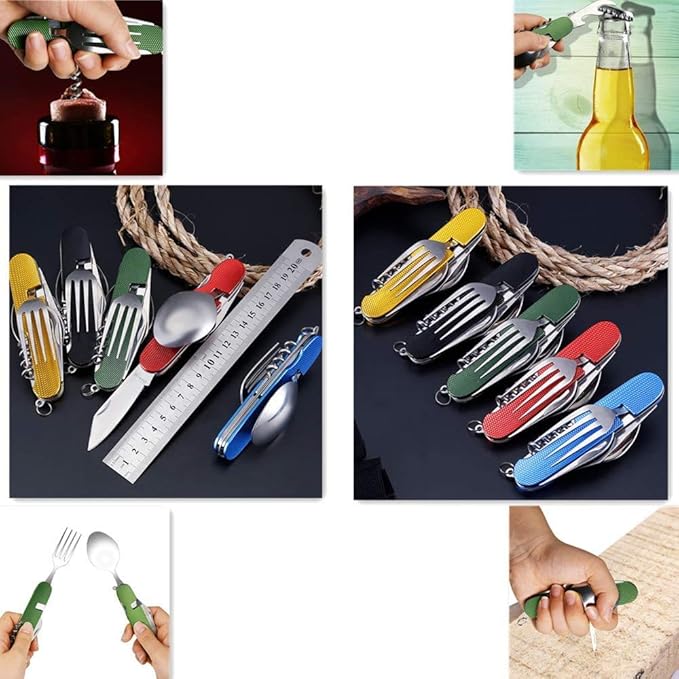 6-in-1 Multi-Function Camping Utensil Flatware Set Detachable Spoon Fork Knife Combo Mess Kit with