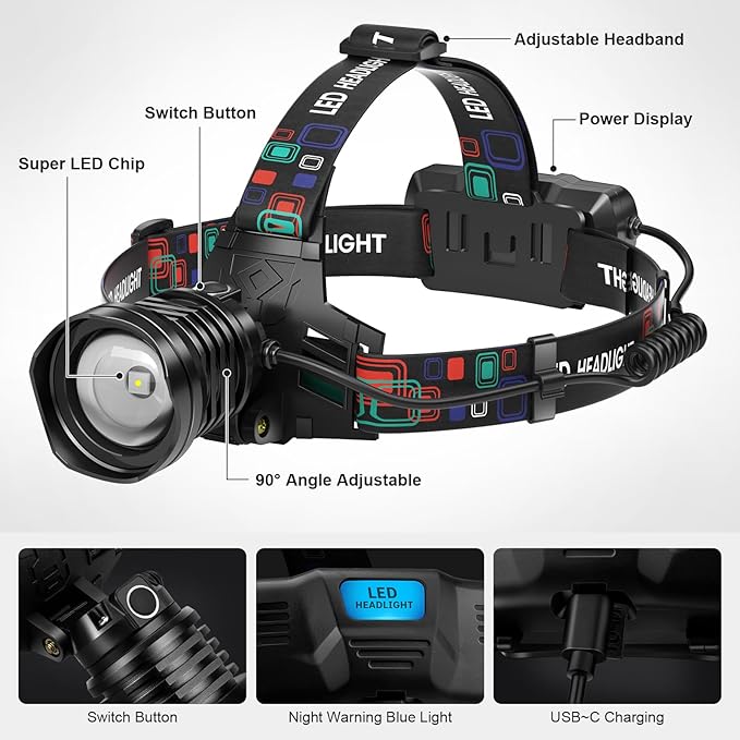 azamine Rechargeable Headlamp Super Bright 99000 Lumens, 2Pack LED Head Lamp with 3 Modes, 90°