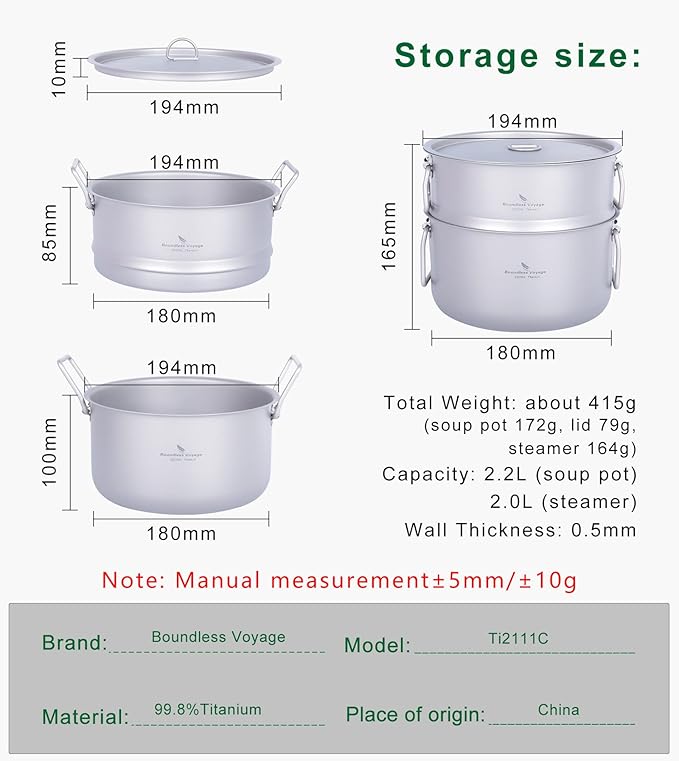 iBasnigo 2.2L Titanium Pot with Steamer Lightweight Portable Cookware Set for Camping Hiking