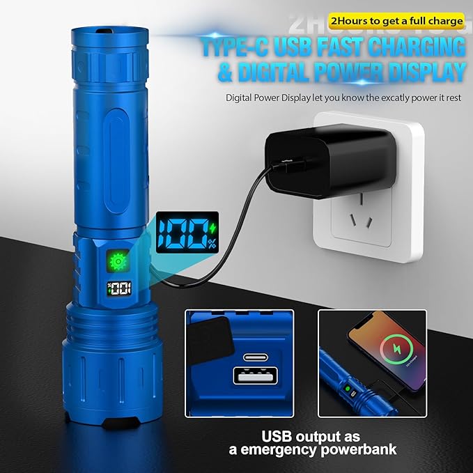 Rechargeable Tactical Flashlights High Lumens - 1500 Meters Long Beam Super Bright LED Flash Light