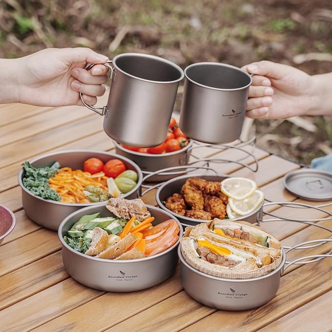 Boundless Voyage Titanium Bowls Dishes Set with Folding Handle Lightweight Portable Plates Saucers