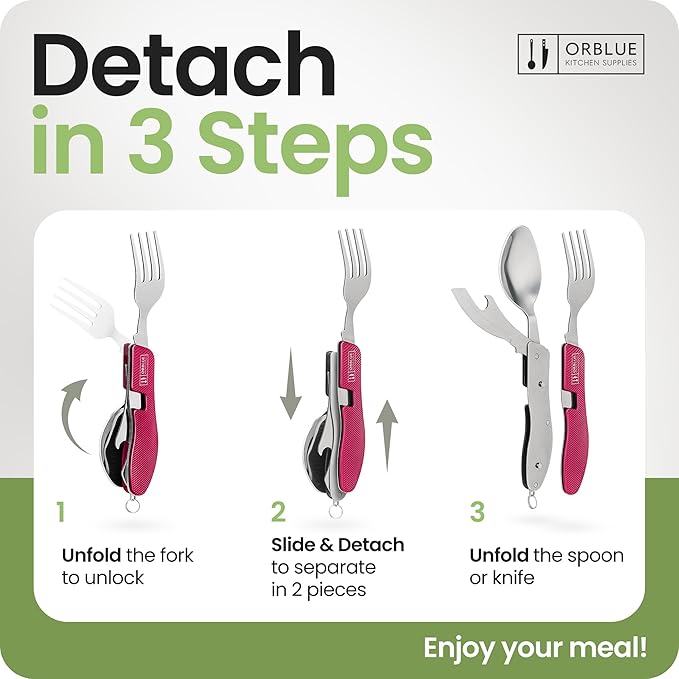 Orblue 4-in-1 Camping Eating Utensils, 2-Pack - Portable Spoon, Fork, Knife & Bottle Opener Combo