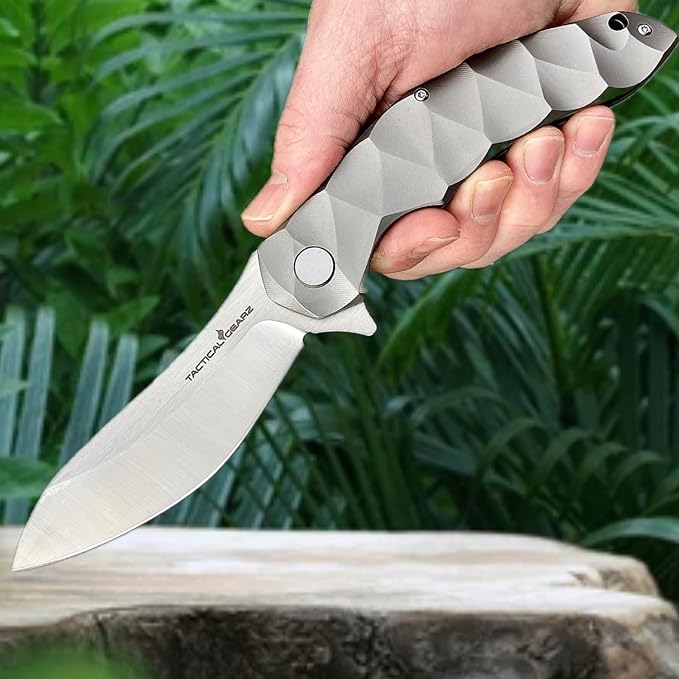TACTICAL GEARZ Titanium Pocket Folding Knife, Solid Tc4 Titanium Handle, Razor Sharp CPM-D2 Steel