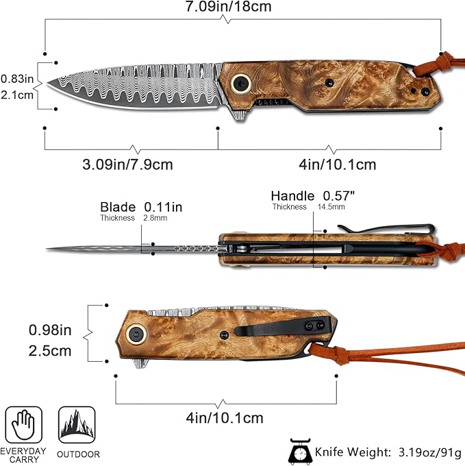 VNLA Damascus Folding Pocket Knife,Handmade knife,Forged Damascus Steel Blade,handle made of maple