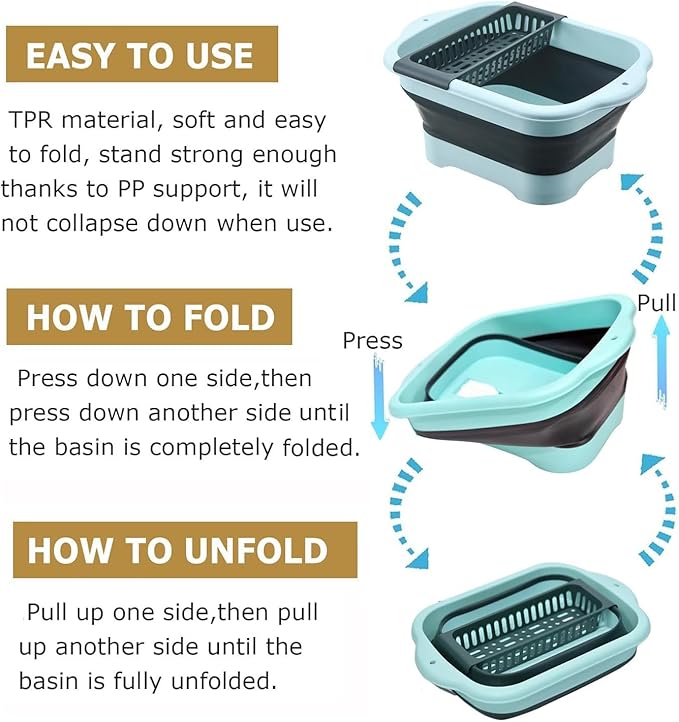 2.98 Gallon (11.28L) Collapsible Dish Basin with Drain Plug, Outdoor Multiuse Foldable Sink Tub