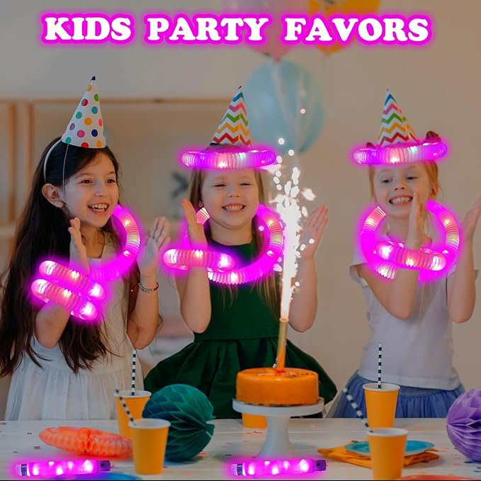 12 PCS Pink Glow Sticks Party Favors for Kids,LED Light up Pop Tubes for Toddlers,Neon Necklaces
