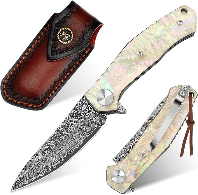 Benkey Damascus Pocket Knife, Extremely Sharp VG10 Core Damascus Steel Folding Knives with Clip and