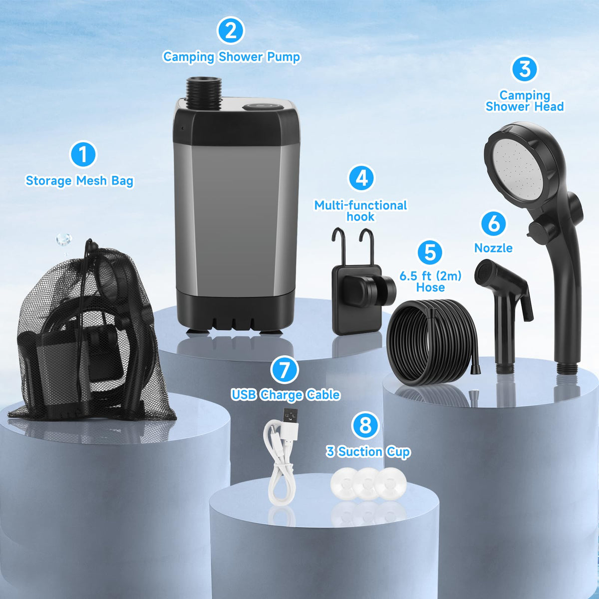 vignuto Portable Shower for Camping, Rechargeable Camping Shower kit with LED Display of Battery