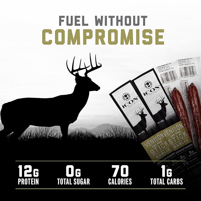 ICON Meats Venison and Pork Snack Sticks - Garlic Flavor - 24 Pack of Individually Wrapped Meat