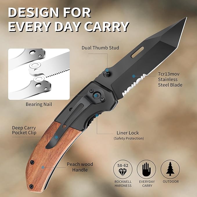 Vickay Pocket Knife, Folding Knife with Clip - 3.54??Black Serrated Steel Blade, Wood Handle EDC