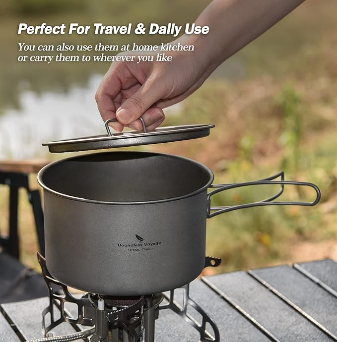 iBasingo 1.2L Titanium Soup Pot with Lid Camping Cookware with Foldable Handle Portable Lightweight