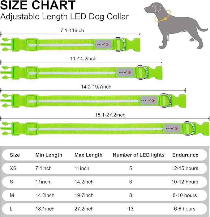 CHUKCHI LED Dog Collar Rechargeable,Waterproof Flashing Collar,Light Up Glow Collar, Adjustable