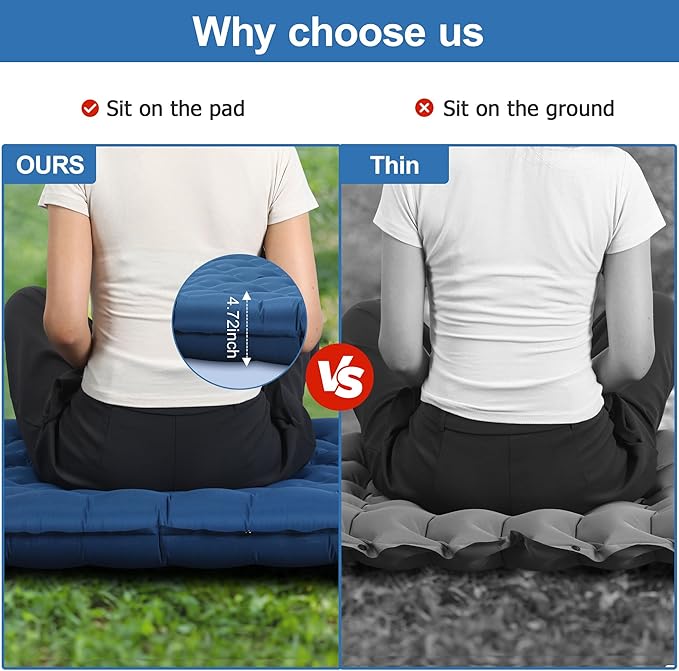 Sleeping Pad for Camping, Ultralight 4.7" Extra-Thick Inflatable Camping mat with Pillow Built-in