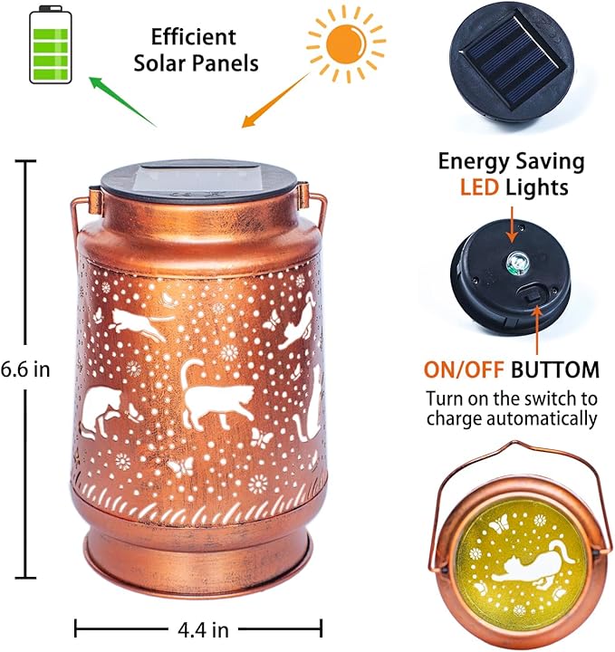 2 Pack Cat Solar Lanterns Outdoor Waterproof Hanging Solar Lights Cat Gifts for Women Men Metal