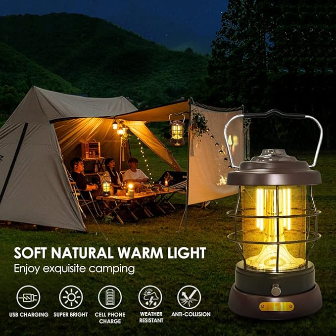 UniqueFire Retro Camping Lantern Rechargeable 1500LM 2 Modes Dimmable,Portable Electric Hurricane