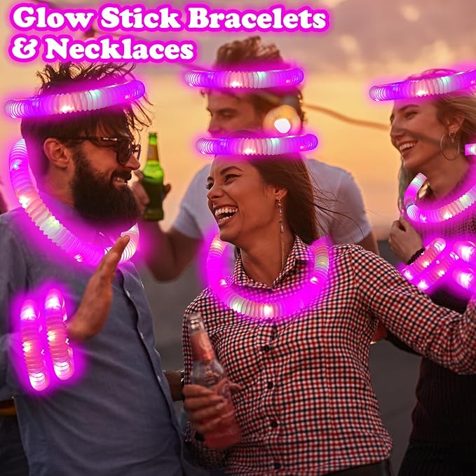 24 PCS Pink Glow Sticks Party Favors for Kids, Light Up Necklaces Bracelets Accessories for