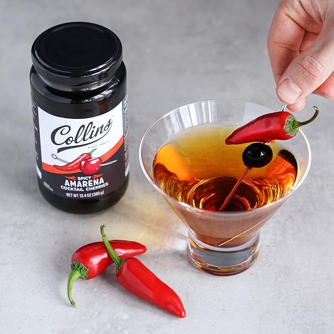 Collins Spicy Amarena Cherries in Syrup, Black Cherries for Old Fashioned or Manhattan, Cocktail
