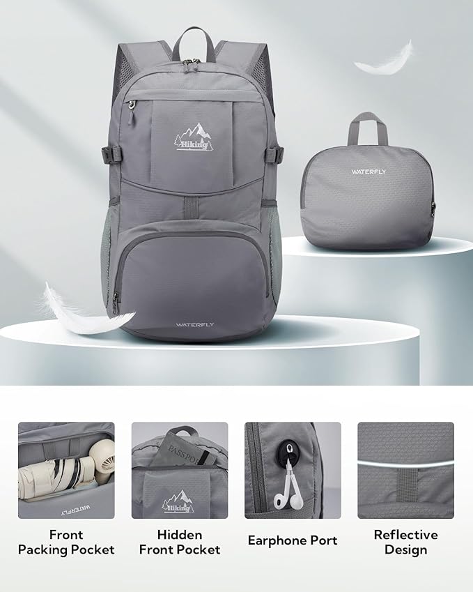 WATERFLY Hiking Foldable Daypack Backpack: 25L Ultra Lightweight Waterproof Day Pack for Woman Man
