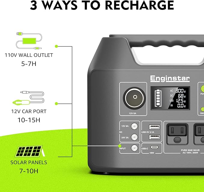 EnginStar Solar Generator, 300W Portable Power Station, 296Wh Lithium Battery Backup w/Two 110V