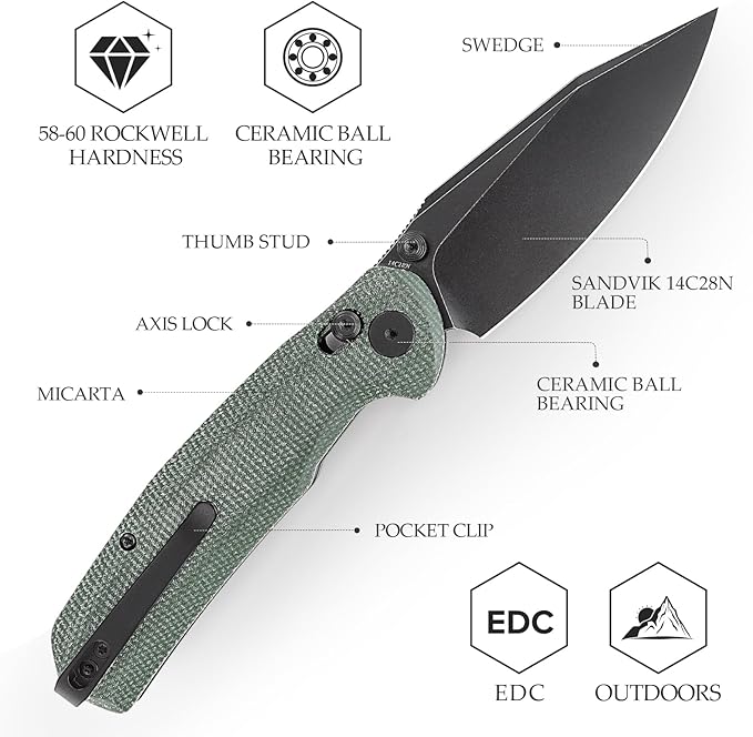 Folding Knives, 3.34??14C28N EDC Knife for Men, Pocket Knife with Clip,Thumb Stud,Micarta