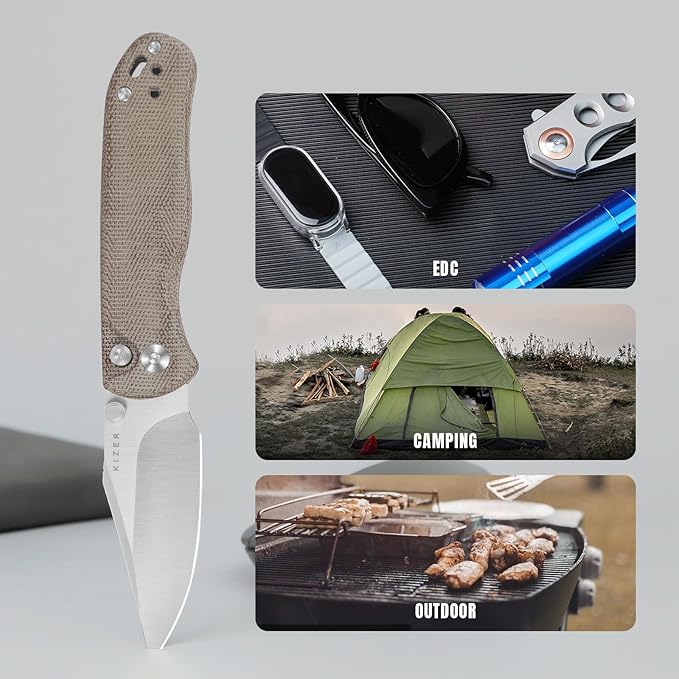 Kizer Drop Bear 2 Pocket Knife, 2.96" Nitro-V Clip Point Blade Folding Knife with Brown Micarta