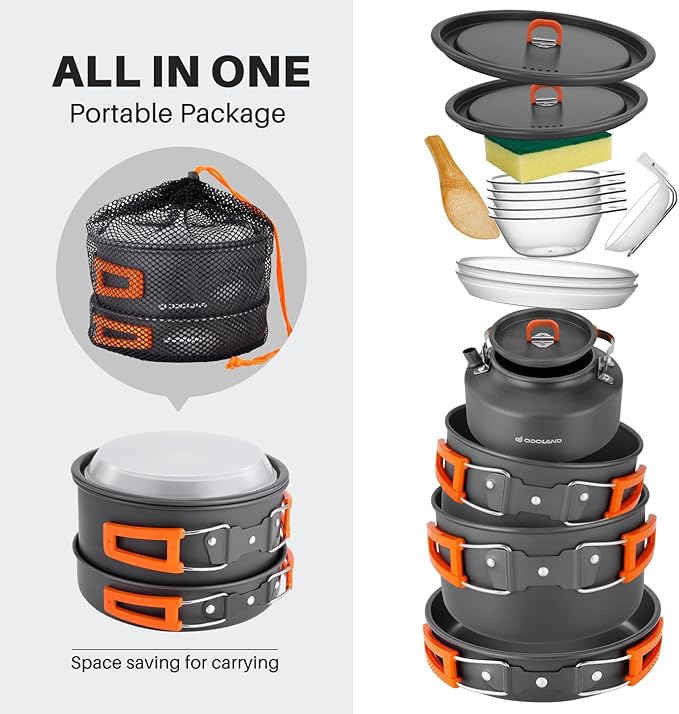 Odoland 15pcs Camping Cookware Non-Stick Lightweight Camping Pots and Pans Set with Kettle Plastic