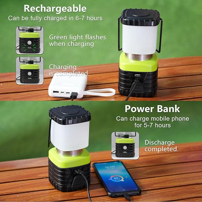 1PCS 6500K White Light LED Camping Lantern Rechargeable 1000LM, 4500mAh Power Bank, Flashlight for