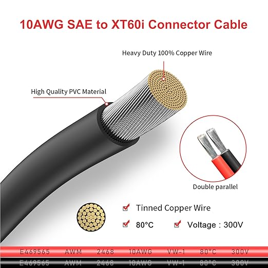 10AWG XT60i to SAE Adapter Extension Cable with SAE Polarity Reverse Adapter for Portable Power