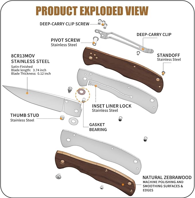 Vickay Pocket Knife for Men, Folding Knife with Clip, 3.74" 8Cr13MoV Steel Blade, Wood Handle EDC