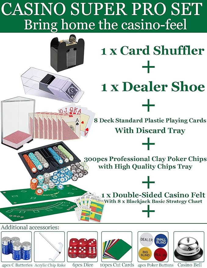 Ultimate Casino Game Set: 6 Deck Shuffler+300pc Hi-End Chips+8 Pro Plastic Poker Card+Card