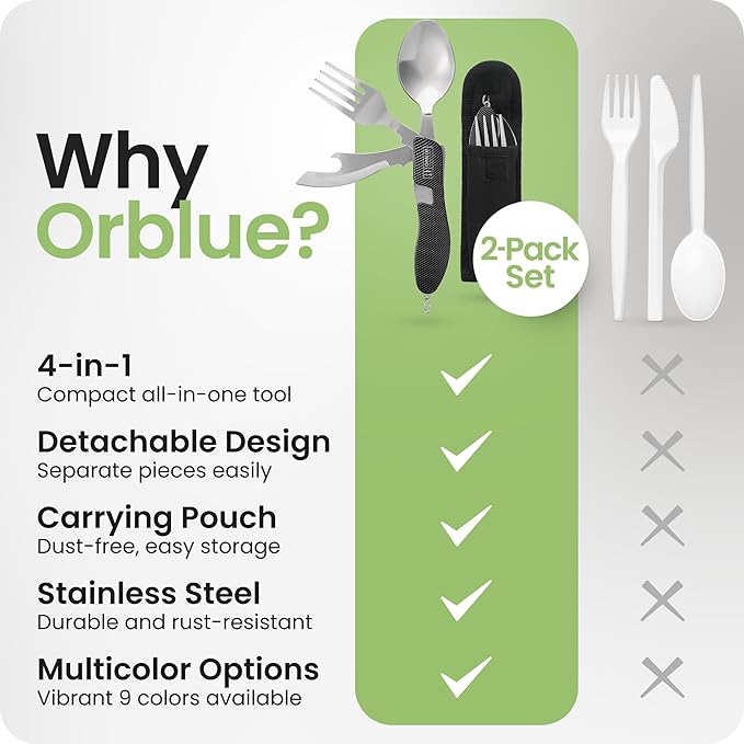 Orblue 4-in-1 Camping Eating Utensils, 2-Pack - Portable Spoon, Fork, Knife & Bottle Opener Combo